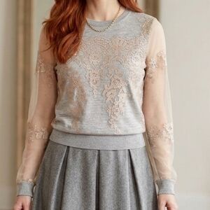 Grey Sheer Sleeve Lace Overlay Top - Sz S